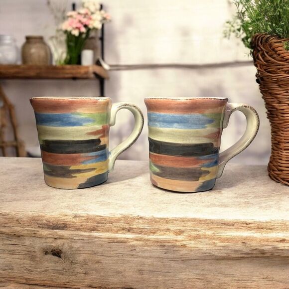 Tabletops Lifestyles Coffee Mug Calvia Hand Painted Multicolor 16 oz Set Of 2 - Picture 1 of 11
